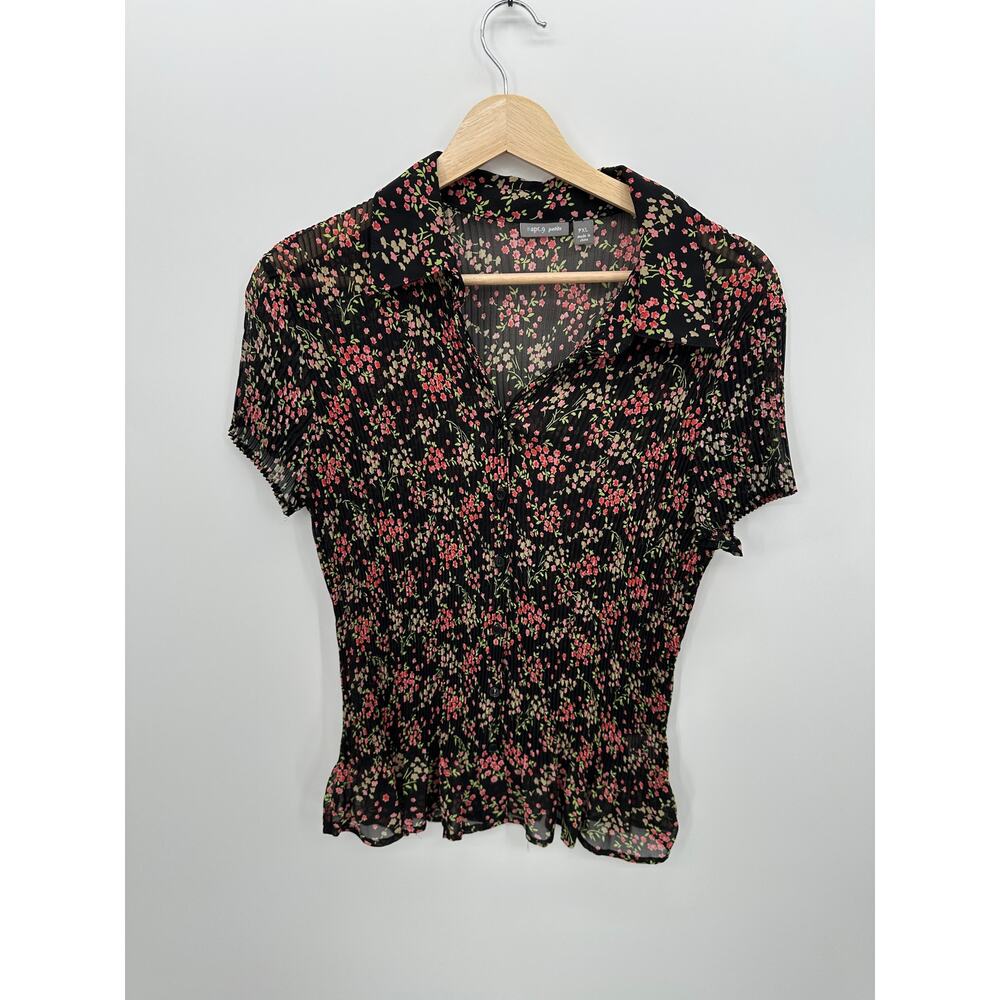 Apt 9 Petite XL Pleated Floral Blouse Womens Black Sheer Button Front